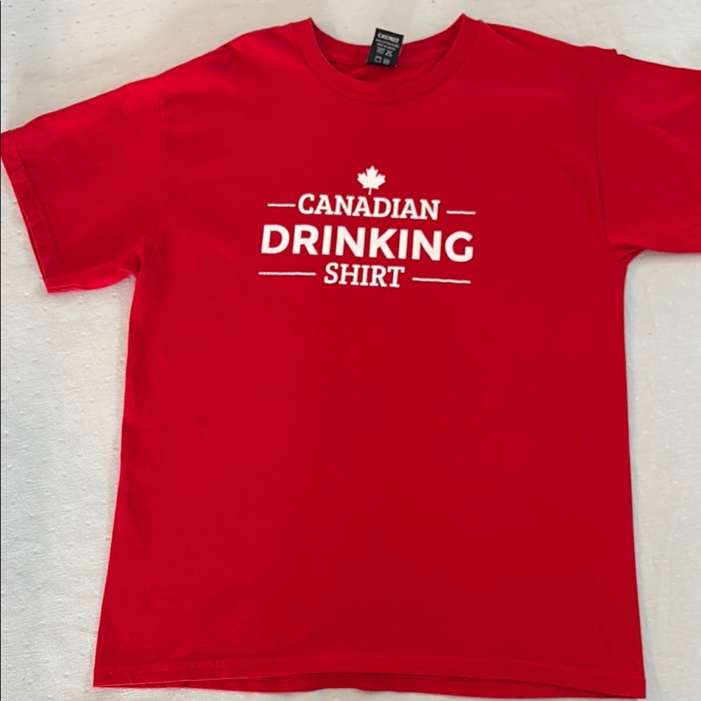 Red Short Sleeve Tee with Canadian Drinking Graphic